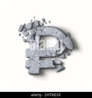Das russische Währungssymbol des Rubels zerschlug sich in kleine Picecs auf dem Boden. 3D Rendering Stockfoto