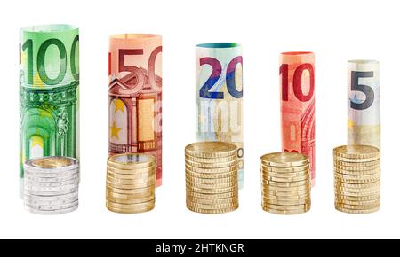Finanzen mit verschiedenen Euro-Banknoten und Münzen isoliert vor weißem Hintergrund Stockfoto