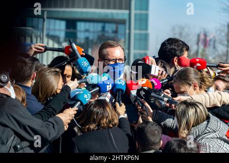 Javier Maroto, Senator von Spanien bei einer Pressekonferenz in Spanien. Spanischer Politiker der Volkspartei, PP. Fotografie. Stockfoto