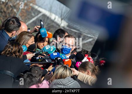 Javier Maroto, Senator von Spanien bei einer Pressekonferenz in Spanien. Spanischer Politiker der Volkspartei, PP. Fotografie. Stockfoto