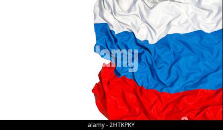 russische Flagge auf Weiß, Wellen und Falten. 3D Rendern Stockfoto