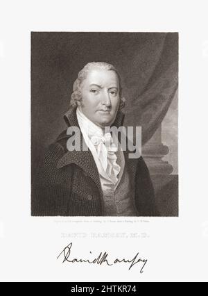 David Ramsay, 1749 - 1815. Amerikanischer Arzt und gefeierter Historiker des amerikanischen Revotionary-Krieges. Ramsay wurde von einem psychisch kranken Mann ermordet, den er wegen eines Gerichtsverfahrens untersucht hatte. Nach einem Stich von J.B. Longacre aus einer Zeichnung von C. Frazer nach einem Gemälde von C.W. Peale. Stockfoto