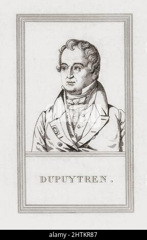 Baron Guillaume Dupuytren, 1777 – 1835. Französischer Chirurg und Anatom. Er war der erste, der die sogenannte Dupuytren-Kontraktur beschrieb, den Zustand, in dem die Finger in gebeugten Positionen dauerhaft verbogen werden. Er hat einen anderen Platz in der Geschichte als Arzt, der die Hämorrhoiden von Napoleon Bonaparte behandelte. Stockfoto