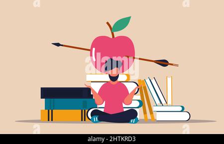 Buch studieren und Intelligenz lernen Mann. Bildung Hochschule und Innovation Kognition Wissenschaft Vektor Illustration Konzept. Literaturbibliothek und kn Stock Vektor