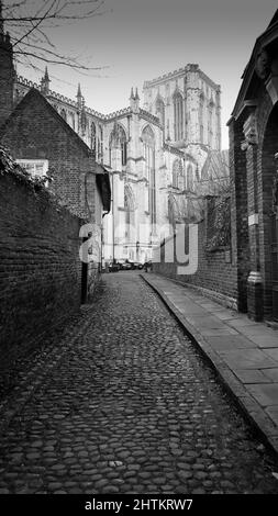 Monochrome Ansicht des York Minster von der Chapter House Street Stockfoto