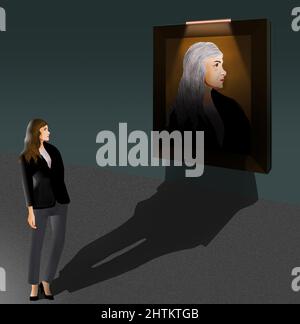 Eine Frau steht vor einem gerahmten Bild von sich selbst erst in einem viel älteren Alter in einer 3-d-Illustration über das Älterwerden. Stockfoto