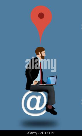 Ein Geschäftsmann ist lokalisiert, durch moderne Techniken, die ihn auf einer Karte, in sozialen Medien und E-Mail markieren, lokalisiert. Dies ist eine 3-d-Abbildung. Stockfoto