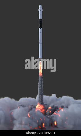 3D Illustration der Start von Rocket Take Off auf schwarzem Hintergrund. Konzept der Russland-Ukraine Krieg zwischen Russland und der Ukraine. Stockfoto