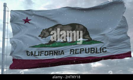 Kalifornische Winterflagge mit Schneeflocken im Hintergrund. Vereinigte Staaten von Amerika. 3D Rendern Stockfoto