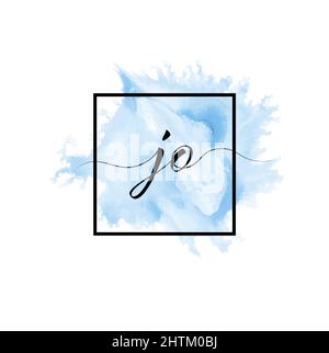 Die kalligrafischen Kleinbuchstaben J und O werden in einer durchgehenden Linie auf einem farbigen Hintergrund in einem Rahmen geschrieben. Stock Vektor