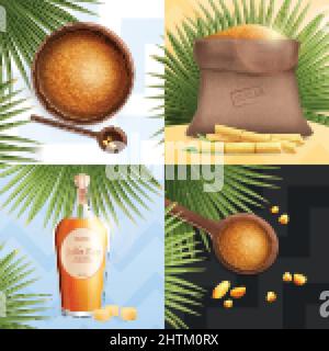 Vier quadratische realistische Rohrzucker-Symbol-Set mit goldenem Rum-Löffel mit braunem Zucker und Big Bag Vektorgrafik Stock Vektor