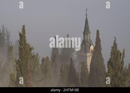 Jerusalem, Israel - 11.. Februar 2022: Ein Kirchturm und Zypressen in einem nebligen Morgen im Viertel ein Karem in Jerusalem, Israel. Stockfoto