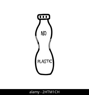 Plastikflasche mit Aufschrift kein Kunststoff. „Save Planet“-Konzept. Schwarz-Weiß-handgezeichneten Vektor isolierte Illustration Symbol Doodle Stock Vektor