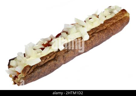 Holländischer Frikandel speciaal isoliert auf weißem Hintergrund Stockfoto