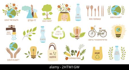 Satz von Elementen zum Thema Ökologie. Farbenfrohe Vektor-Illustration mit handgezeichneten Elementen. Sammlung Clip Art. Rettet den Planeten, Null Abfall, vegan Stock Vektor