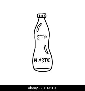 Plastikflasche mit Aufschrift Stop plastic. „Save Planet“-Konzept. Schwarz-Weiß-handgezeichneten Vektor isolierte Illustration Symbol Doodle Stock Vektor