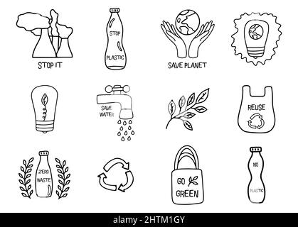 Satz von Elementen zum Thema Ökologie. Schwarz-Weiß-Vektor isoliert handgezeichnete Element Illustration Sammlung. Schonen Sie den Planeten, sparen Sie Abfall, recyceln Sie Stock Vektor