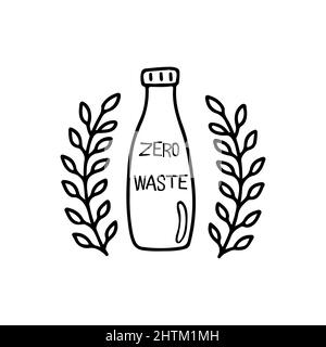 Plastikflasche mit Aufschrift Null Abfall und Äste auf der Seite. „Save Planet“-Konzept. Schwarz-Weiß handgezeichneten Vektor isolierte Illustration ico Stock Vektor