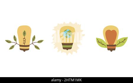 Set von Glühbirnen mit rotem Herz innen, Blättern und Planeten. Earth Hour. Rette den Planeten. Bunte handgezeichnete Vektor isolierte Illustration. Energiesparend Stock Vektor