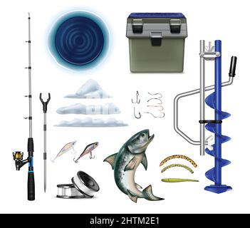 Winter Angelausrüstung realistische set mit isolierten Fisch bekämpfen Symbole der Stäbe Haken Eisbrecher Bohrer Vektor-Illustration Stock Vektor