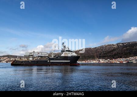 Offshore AHTS Ankerumschlagungs- und Bauschiff Olympic Zeus in Byfjorden, vor dem Hafen von Bergen, Norwegen. Stockfoto