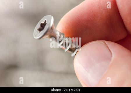 Ein Mann hält eine Schraube, Nahaufnahme. Schrauben für die Herstellung von Holzmöbeln. Reparatur und Reparatur von Werkzeugen. Edelstahlschrauben. Stockfoto