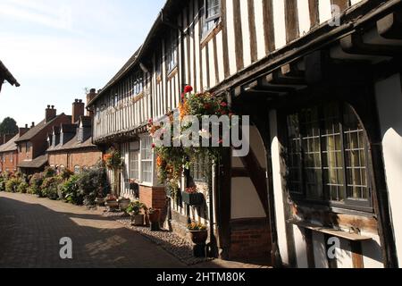 Fachwerkhäuser, schwarz-weiße Häuser, mit hängenden Körben und Blumenblüten, Sommerzeit, Shakespeare-Land. Malz Mill Lane, Alcester, Warwickshire, Großbritannien Stockfoto