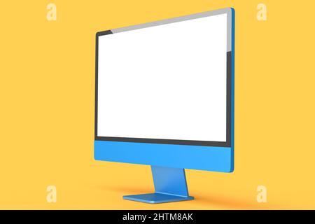 Realistisches blaues Computerdisplay mit Tastatur und Maus auf orangefarbenem Hintergrund. 3D-Rendering des Monitors für den Heimstudio-Arbeitsplatz Stockfoto