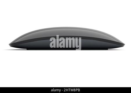 Realistische schwarze Computermaus mit isolierter Berührung auf weißem Hintergrund. 3D Rendering des kabellosen Laptop-Trackpads für Heimbüro und Arbeitsplatz Stockfoto