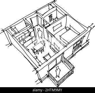 Hand gezeichnete Skizze von Perspektive und schneiden Sie den Schaltplan für ein Apartment mit einem Schlafzimmer komplett eingerichtete Stockfoto