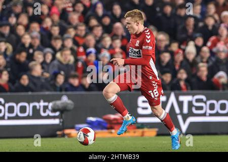 Middlesbrough, Großbritannien. 01. März 2022. Duncan Watmore #18 von Middlesbrough bricht mit dem Ball in Middlesbrough, Vereinigtes Königreich am 3/1/2022. (Foto von Mark Cosgrove/News Images/Sipa USA) Quelle: SIPA USA/Alamy Live News Stockfoto