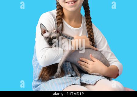 Kleines Mädchen mit Sphynx-Katze auf blauem Hintergrund, Nahaufnahme Stockfoto