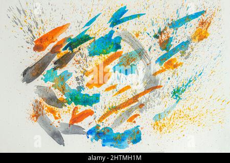 Handgemalte Pinselstriche auf Papierhintergrund, Flecken, Blobs in verschiedenen Farben, helle Textur Stockfoto