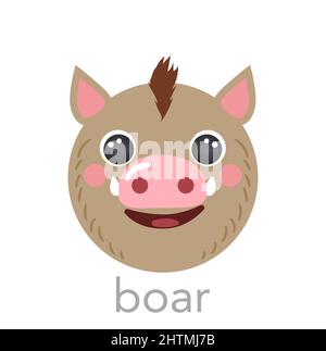 Wildschwein nettes Porträt mit Name Text Lächeln Kopf Cartoon runde Form Schwein Avatar Tier Gesicht, isolierte Vektor-Symbol Illustrationen. Flaches, einfaches handgezeichnetes Poster für Kinder, UI-App, T-Shirts, Babykleidung Stock Vektor