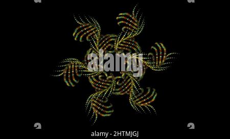 Abstrakte Animation von bunten Mustern aus kleinen Perlen, die sich drehen und auf dem schwarzen Hintergrund schweben. 3D Perlen-Dekorationen Stockfoto