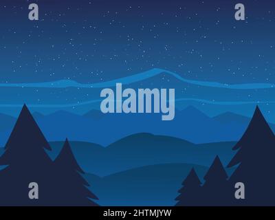 Illustration der Berglandschaft in der Nacht und einige Bäume in der Nacht Stockfoto