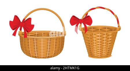 Korbkorb-Set mit zwei isolierten Bildern von Körben mit roten Schleifen Griffe und Holzstruktur Vektor-Illustration Stock Vektor