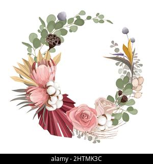 Boho getrocknete Blumen Rahmen Komposition mit Blumen Pflanzen anc Kreis Kompositionen von bunten Blumen mit Schatten Vektor Illustration Stock Vektor