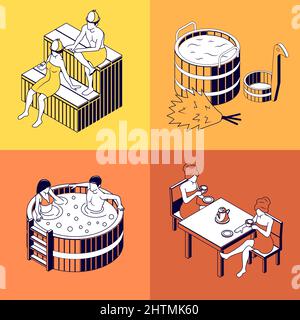 Sauna 2x2 Design-Konzept Satz von Menschen dampfend im Dampfbad entspannen in Holz-Whirlpool und trinken Tee nach der Reinigung isometrische Vektor-Illustration Stock Vektor