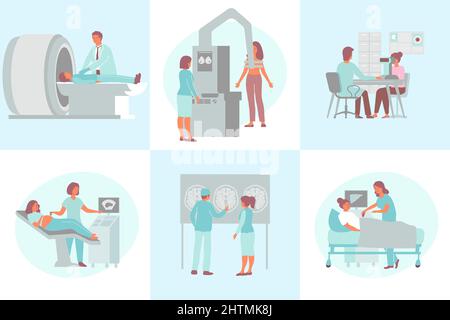 Design-Konzept für die medizinische Diagnostik mit sechs flachen Kompositionen mit Vektorgrafik für Patienten und Ärzte mit menschlichen Charakteren Stock Vektor
