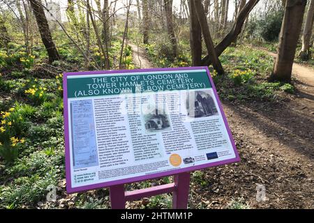 Informationsschild zum Tower Hamlets Cemetery Park, im Osten Londons, Großbritannien Stockfoto