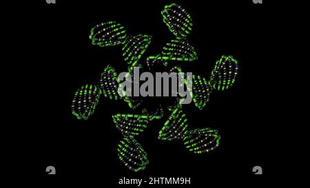 Abstrakte Animation von bunten Mustern aus kleinen Perlen, die sich drehen und auf dem schwarzen Hintergrund schweben. 3D Perlen-Dekorationen Stockfoto