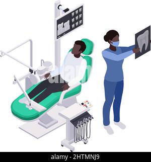 Isometrische Zahnpflege Zusammensetzung mit männlichen Patienten auf Stuhl sitzen und Zahnarzt Blick auf seinen Zahn Röntgen 3D Vektor-Illustration Stock Vektor