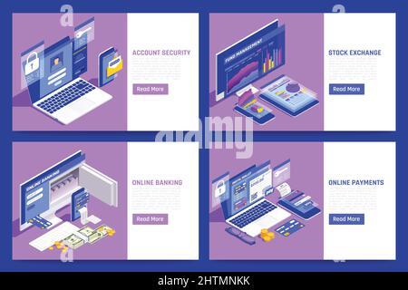 Online-Banking Finanztechnologien Konten Sicherheit Konzept 4 isometrische Webseiten innovative Aktien Handel Zahlungen System Vektor Illustration Stock Vektor