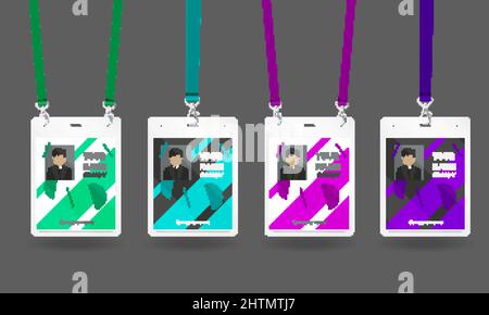 ID-Karten-Abzeichen realistisches Set mit vier Identitätskarten-Tags mit farbigen Zeichenfolgen bearbeitbarer Name und Foto-Vektor-Illustration Stock Vektor