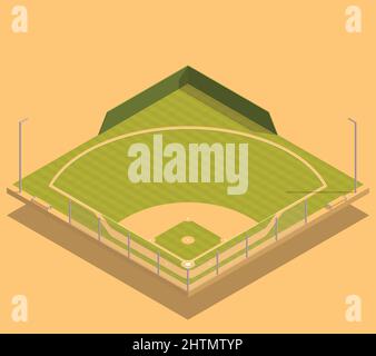 Isometrische Zusammensetzung des Baseballs mit Blick auf ein leeres Ballfeld, das mit Gras mit Stöcken und Diamantvektordarstellung bedeckt ist Stock Vektor
