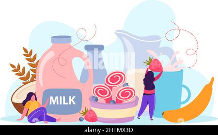 Flache Zusammensetzung mit Schüssel Eiscreme Flasche Glas Tasse Milch Banane Beeren Kokosnuss Vektor Illustration Stock Vektor