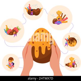 Welt Schokolade Tag Komposition mit süßen Ei in menschlichen Händen Süßigkeiten Erdbeeren Cookie auf weißem Hintergrund Vektor-Illustration Stock Vektor