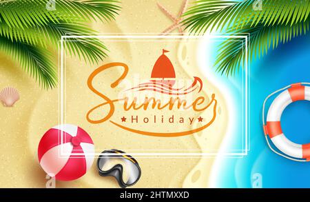 Sommer Strand Vektor Hintergrund-Design. Sommerurlaub Typografie Text in Meeresstrand Sand mit tropischen Palmenblättern für genießen und entspannen im Freien sonnigen Tag. Stock Vektor