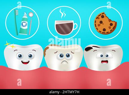 Teeth Emoji Vektor-Design. Zahn-Emojis in Zahnzustand mit gesunden, starken, Flecken und Karies von Süßigkeiten und Kaffee-Elemente für die Mundgesundheit. Stock Vektor